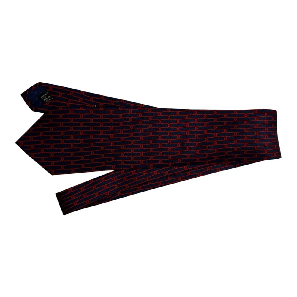 Gucci Neck Tie Navy Red Chain Link Pattern 100% Silk Made in Italy 3.5x57”